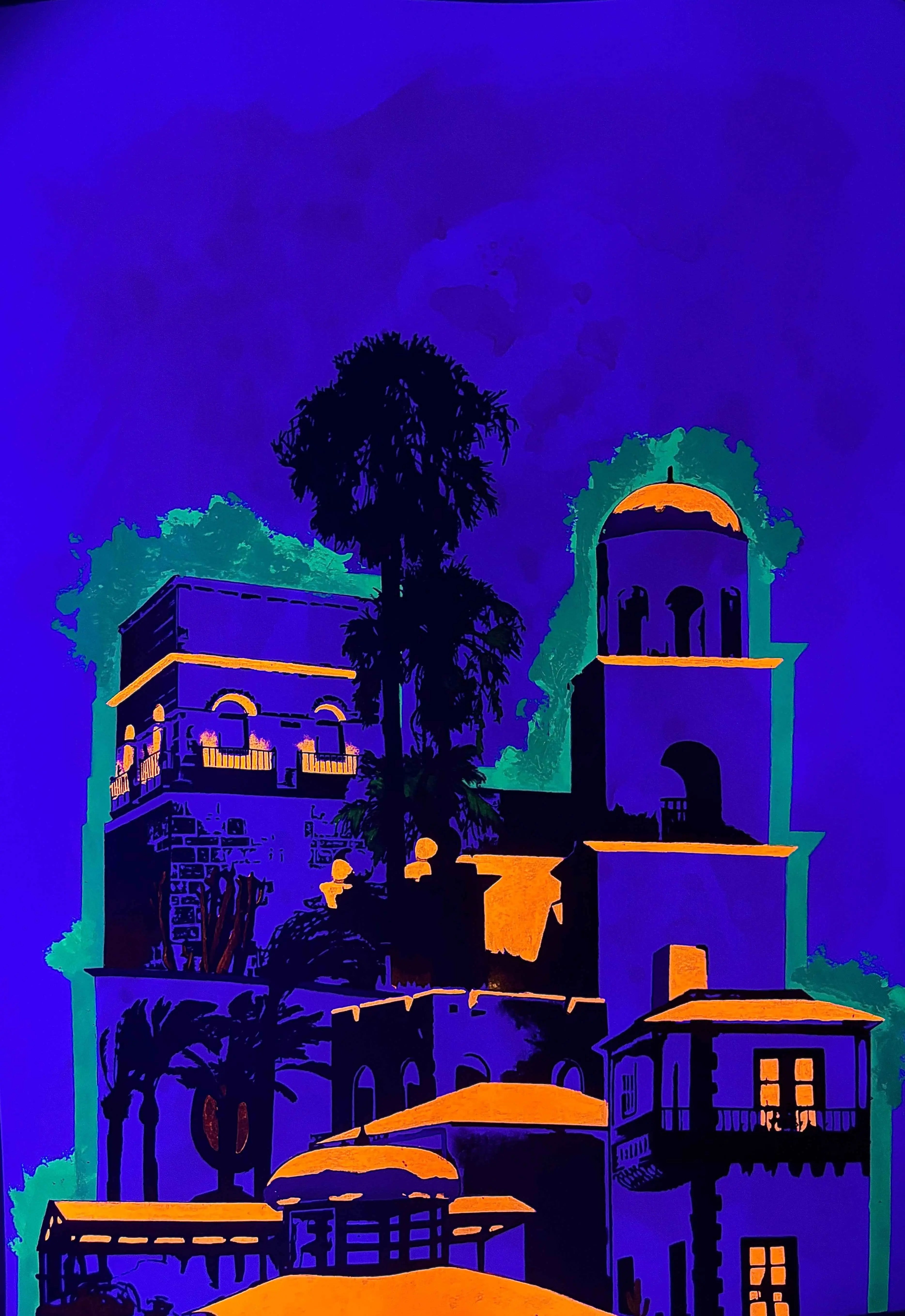 A stylized pop-art style illustration of a Spanish Colonial architectural scene, featuring buildings, palm trees, and domes rendered in neon blue, purple, green, and orange against a dark blue background.