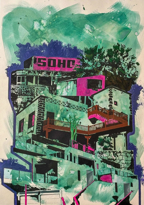 A stylized pop-art illustration of a multi-story building complex with balconies, trees, and a bright pink sign reading 'SOHO', rendered in teal, green, pink, black, and purple tones on a light background.