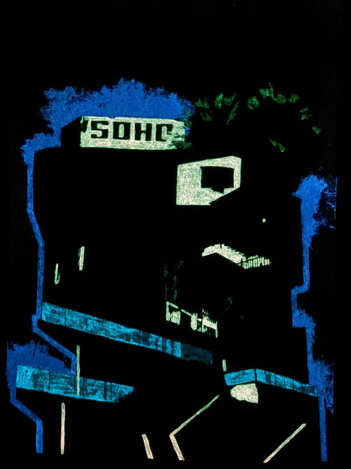 A stylized graphic print or poster featuring a dark, high-contrast face with blue and teal brushstroke outlines and white text reading 'SOHC' on a black background.