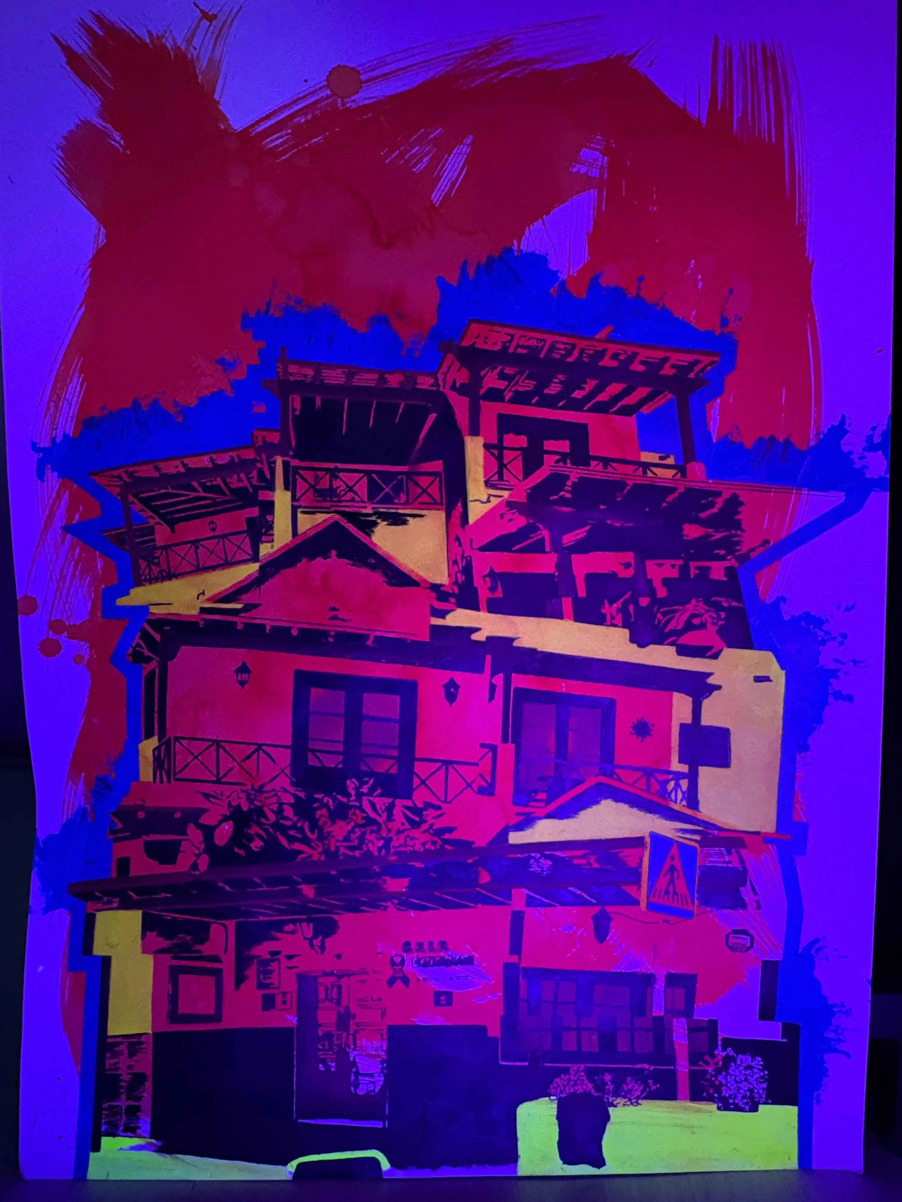 A vibrant, multicolored pop-art style painting of a Mediterranean house, featuring bold brushstrokes of magenta, purple, yellow, and black.