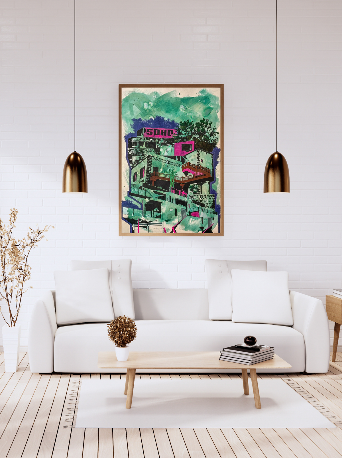 A framed abstract art print featuring a colorful collage of green, teal, pink, and purple tones, displayed on a white brick wall above a modern white sofa in a styled living room.