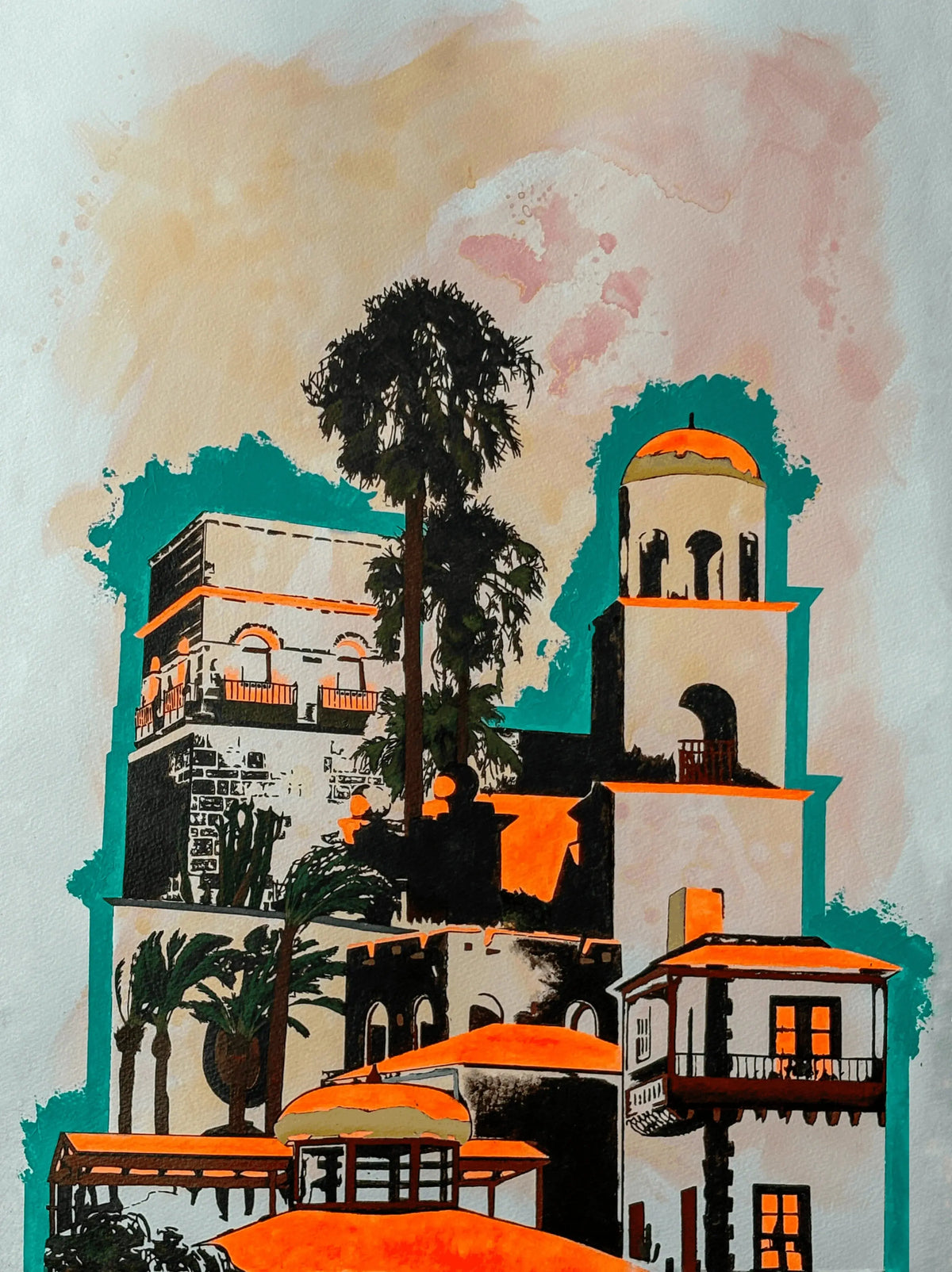A stylized architectural art print depicting a cluster of Mediterranean-style buildings with terracotta roofs, white walls, and dark tree silhouettes against a soft beige and pink sky with teal accents.