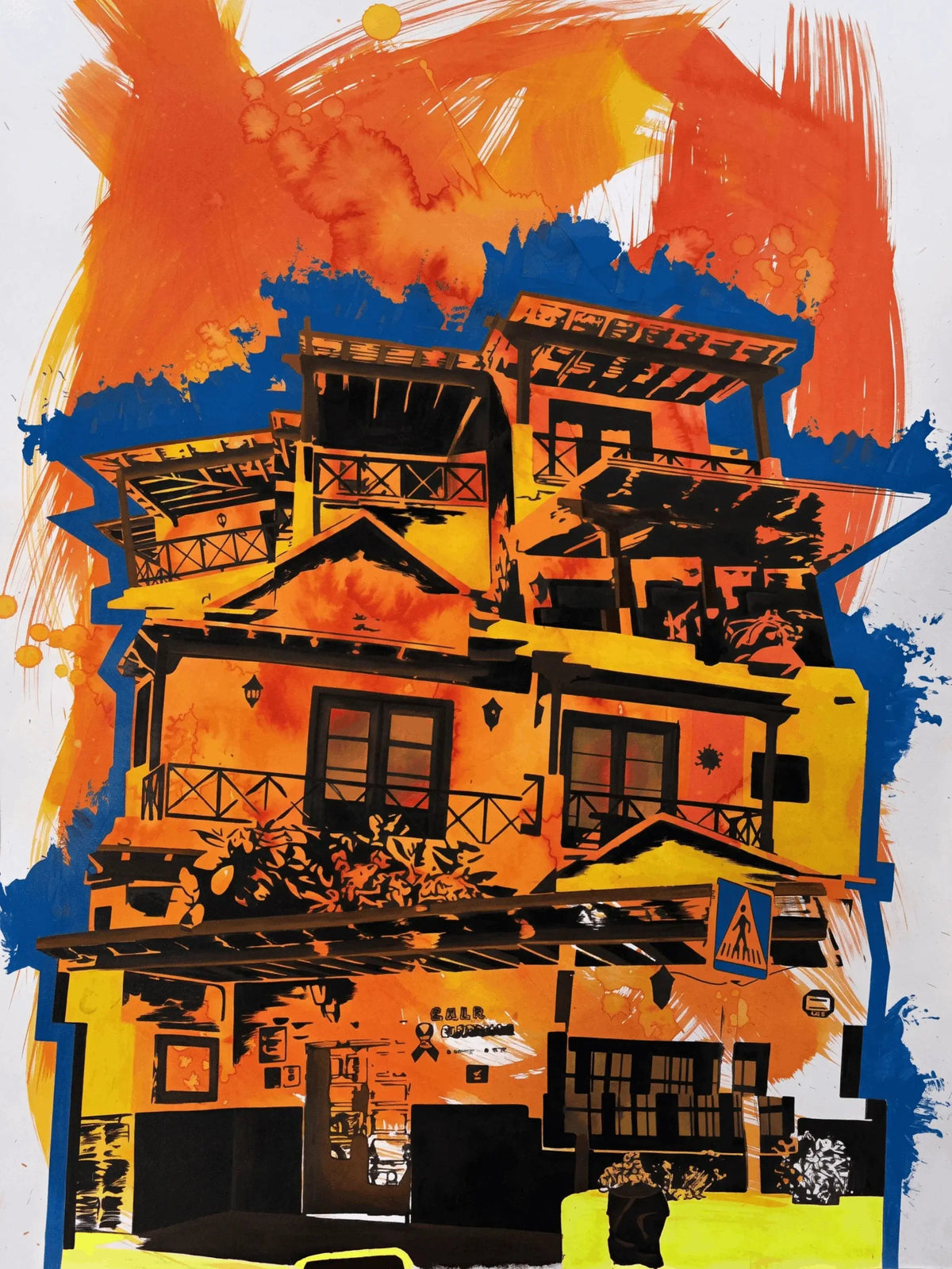 Vibrant pop art print of a multi-story building rendered in bold orange, yellow, black, and blue brushstrokes on a white background.