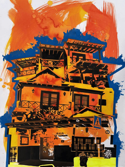 Vibrant pop art print of a multi-story building rendered in bold orange, yellow, black, and blue brushstrokes on a white background.
