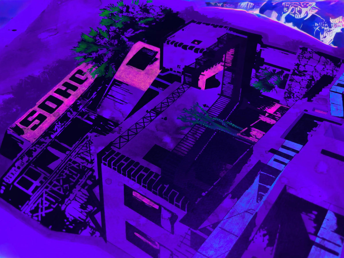 A stylized, high-contrast aerial view of an urban industrial complex or warehouse area, rendered in vivid purple, magenta, and black tones with graffiti-style graphics and signage.