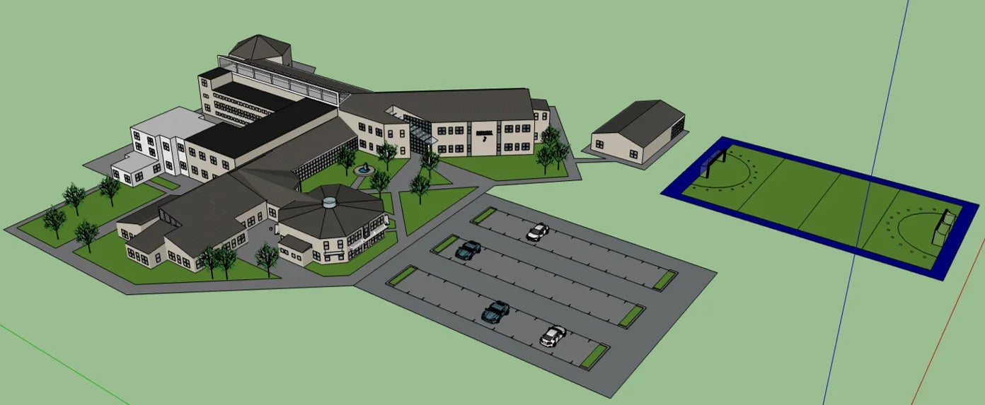 3D architectural rendering of a school campus with multiple buildings, a parking lot with several cars, and a green basketball court on a light green background.